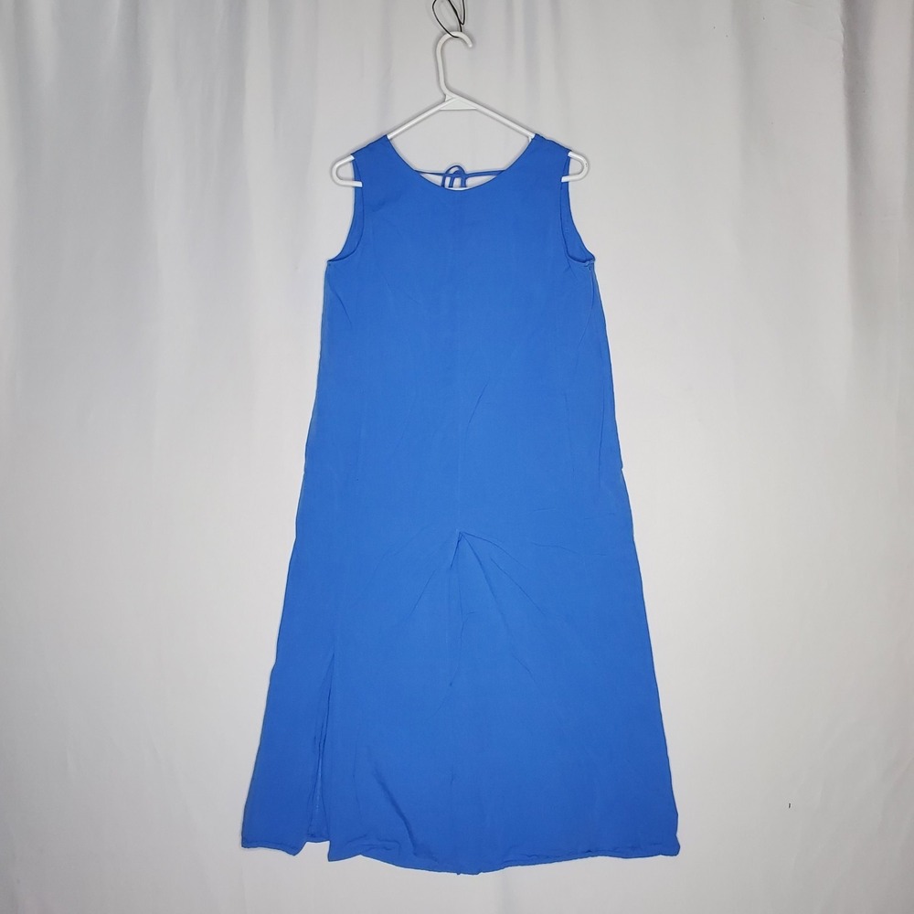 LIST Sleeveless Dress Small Blue Midi Pocket Tie Scoop Neck Side-Zip Lagenlook